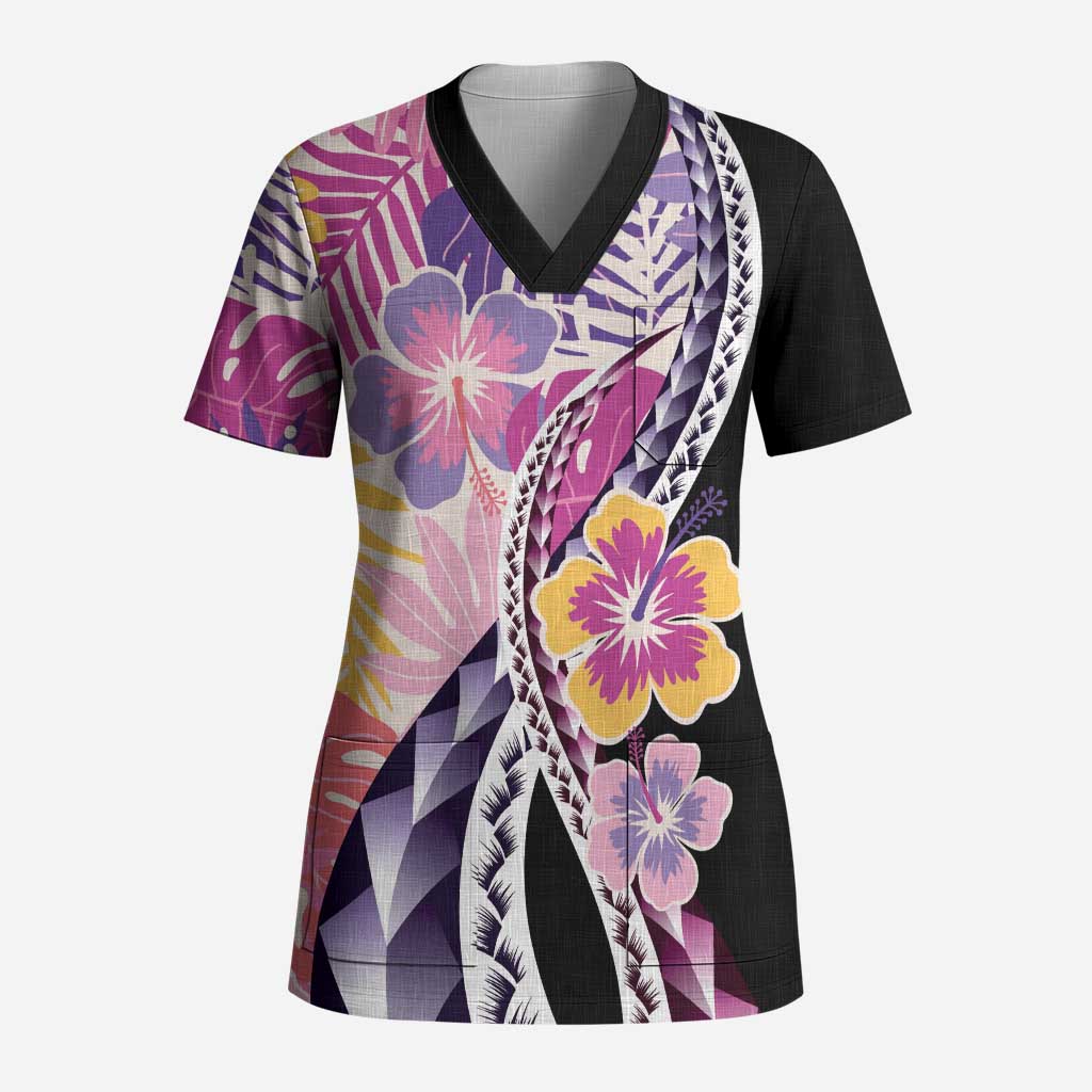 Aloha Vintage Hibiscus Lei Seamless Pattern Scrub Top - Polynesian Pride