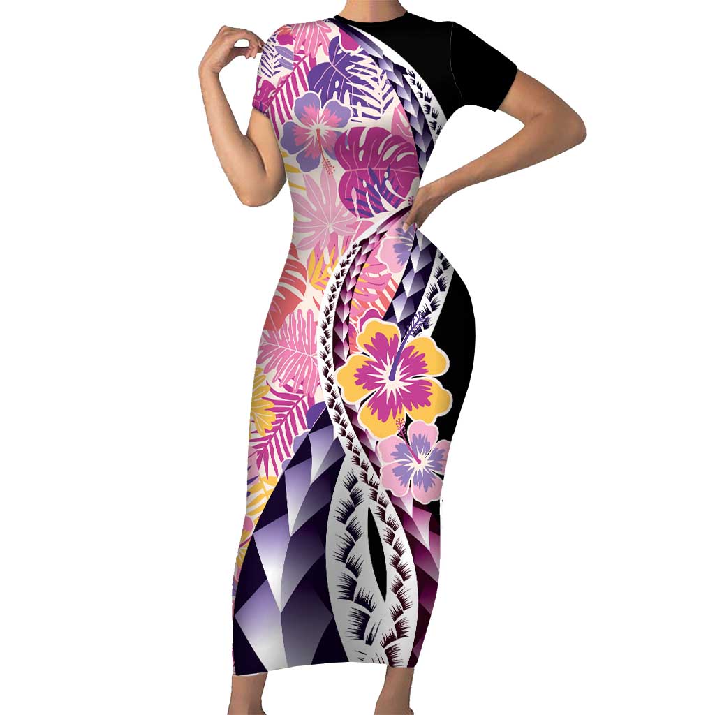 Aloha Vintage Hibiscus Lei Seamless Pattern Short Sleeve Bodycon Dress LT9 Long Dress Pink - Polynesian Pride