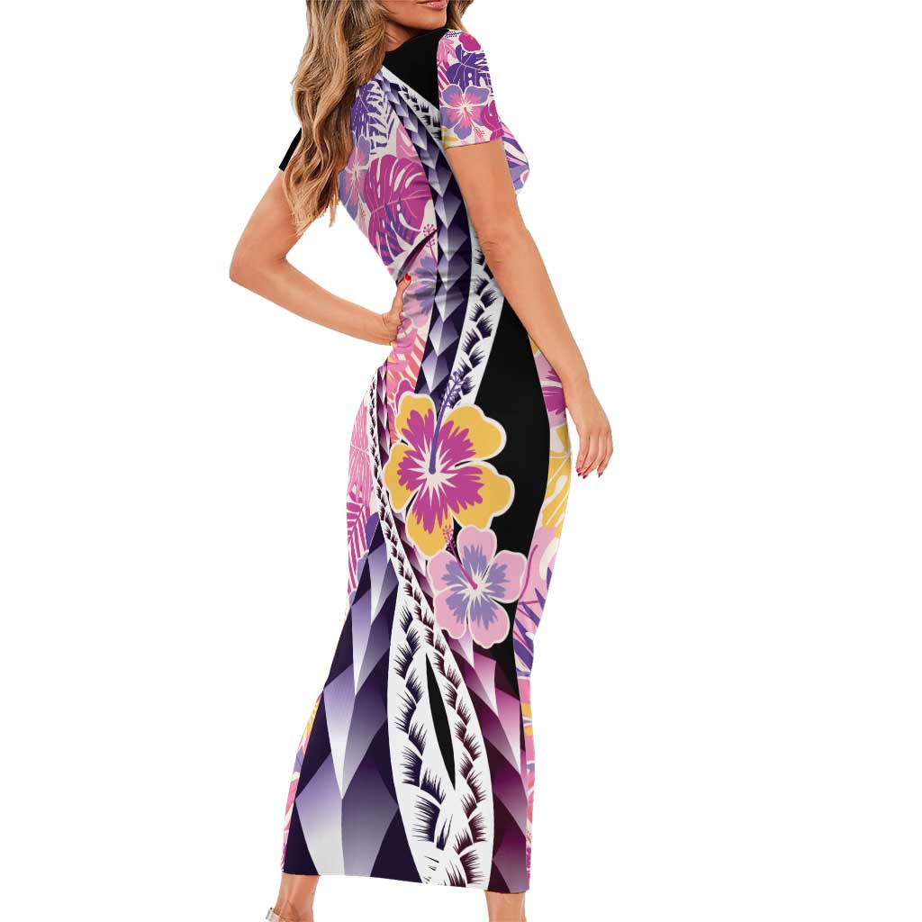 Aloha Vintage Hibiscus Lei Seamless Pattern Short Sleeve Bodycon Dress LT9 - Polynesian Pride