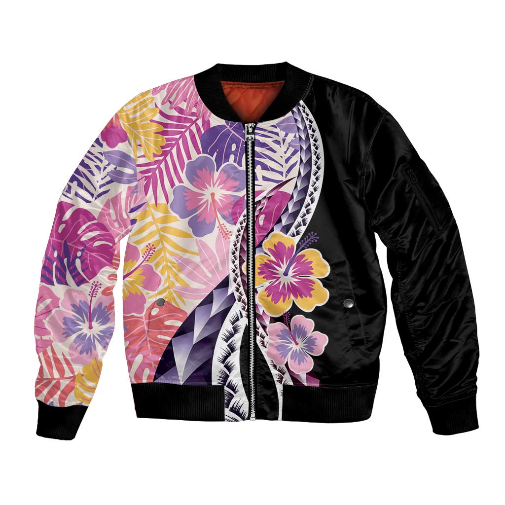 Aloha Vintage Hibiscus Lei Seamless Pattern Sleeve Zip Bomber Jacket LT9 Unisex Pink - Polynesian Pride
