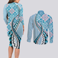 Aloha Vintage Palaka Floral Hawaiian Quilt Couples Matching Long Sleeve Bodycon Dress and Long Sleeve Button Shirt Uliuli Motif - Polynesian Pride