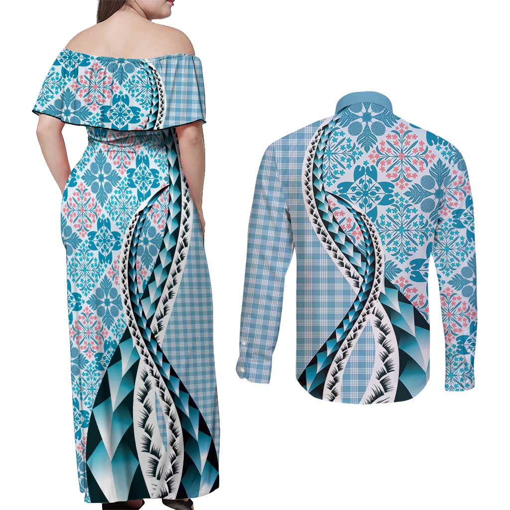 Aloha Vintage Palaka Floral Hawaiian Quilt Couples Matching Off Shoulder Maxi Dress and Long Sleeve Button Shirt Uliuli Motif - Polynesian Pride