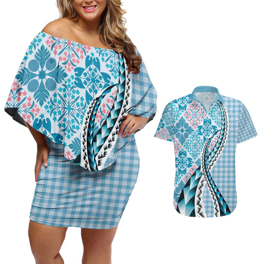 Aloha Vintage Palaka Floral Hawaiian Quilt Couples Matching Off Shoulder Short Dress and Hawaiian Shirt Uliuli Motif - Polynesian Pride