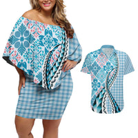 Aloha Vintage Palaka Floral Hawaiian Quilt Couples Matching Off Shoulder Short Dress and Hawaiian Shirt Uliuli Motif - Polynesian Pride