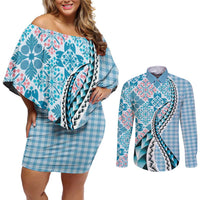 Aloha Vintage Palaka Floral Hawaiian Quilt Couples Matching Off Shoulder Short Dress and Long Sleeve Button Shirt Uliuli Motif - Polynesian Pride