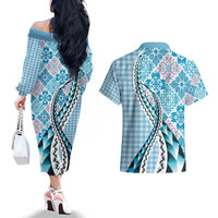 Aloha Vintage Palaka Floral Hawaiian Quilt Couples Matching Off The Shoulder Long Sleeve Dress and Hawaiian Shirt Uliuli Motif - Polynesian Pride