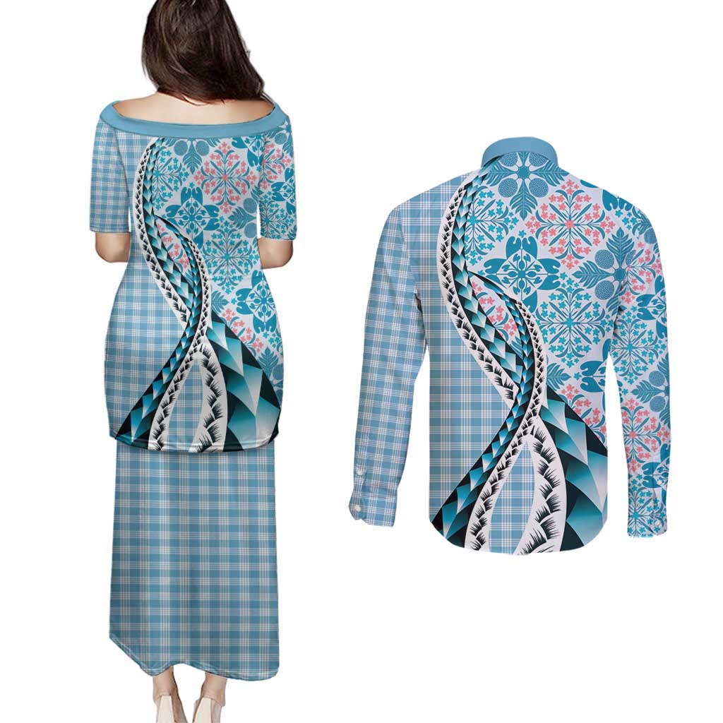 Aloha Vintage Palaka Floral Hawaiian Quilt Couples Matching Puletasi and Long Sleeve Button Shirt Uliuli Motif - Polynesian Pride