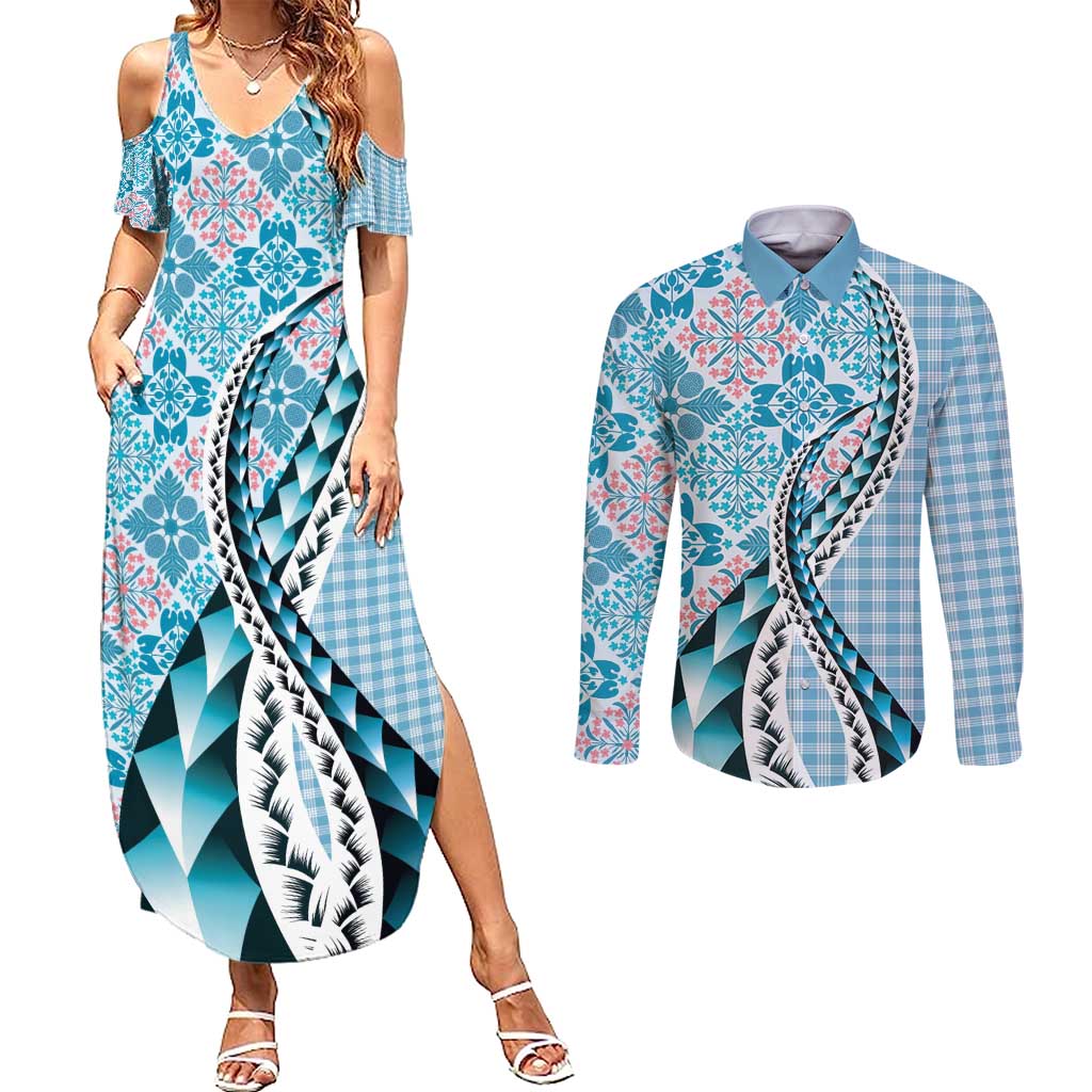 Aloha Vintage Palaka Floral Hawaiian Quilt Couples Matching Summer Maxi Dress and Long Sleeve Button Shirt Uliuli Motif - Polynesian Pride