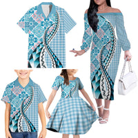 Aloha Vintage Palaka Floral Hawaiian Quilt Family Matching Off The Shoulder Long Sleeve Dress and Hawaiian Shirt Uliuli Motif - Polynesian Pride