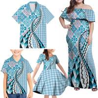 Aloha Vintage Palaka Floral Hawaiian Quilt Family Matching Off Shoulder Maxi Dress and Hawaiian Shirt Uliuli Motif - Polynesian Pride