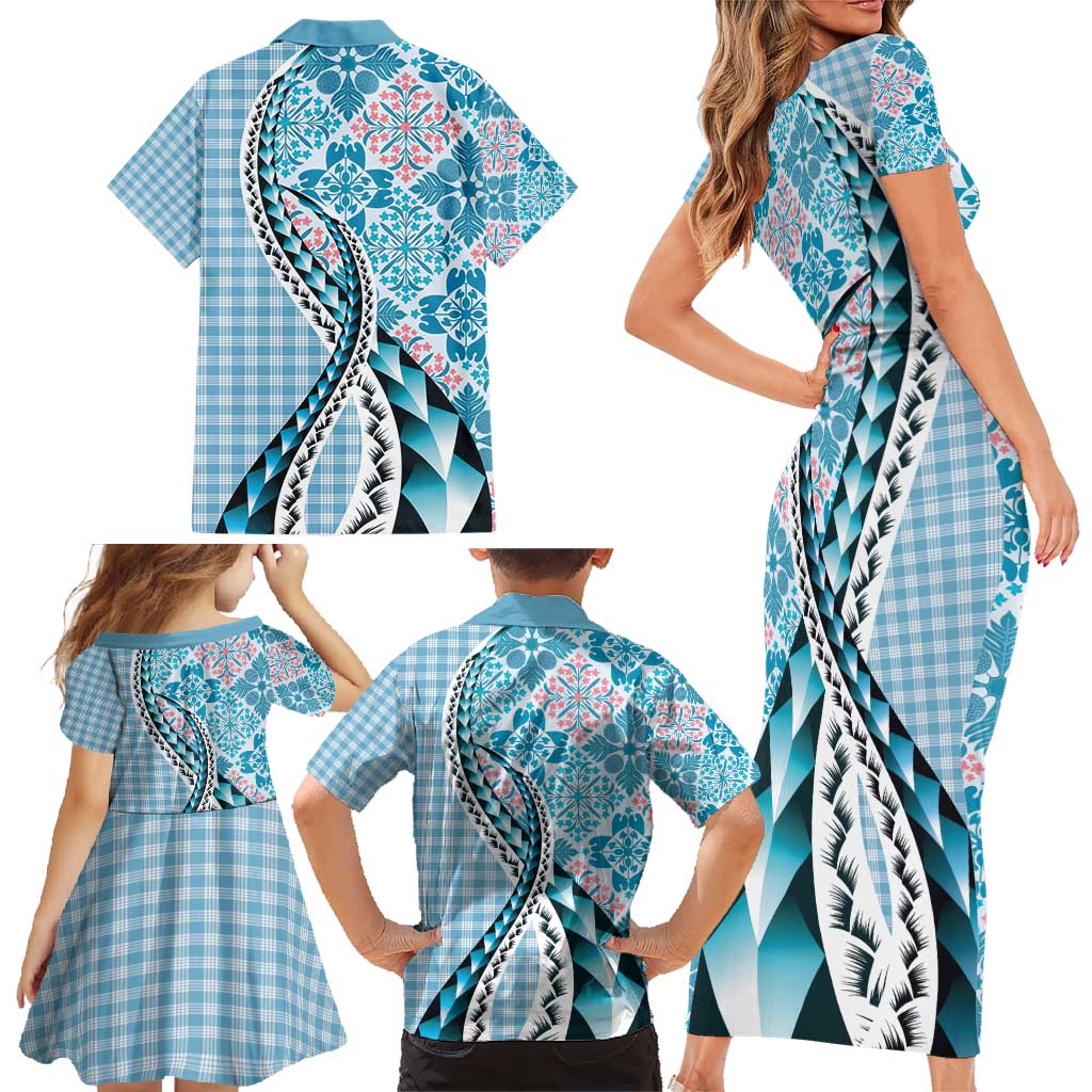 Aloha Vintage Palaka Floral Hawaiian Quilt Family Matching Short Sleeve Bodycon Dress and Hawaiian Shirt Uliuli Motif - Polynesian Pride