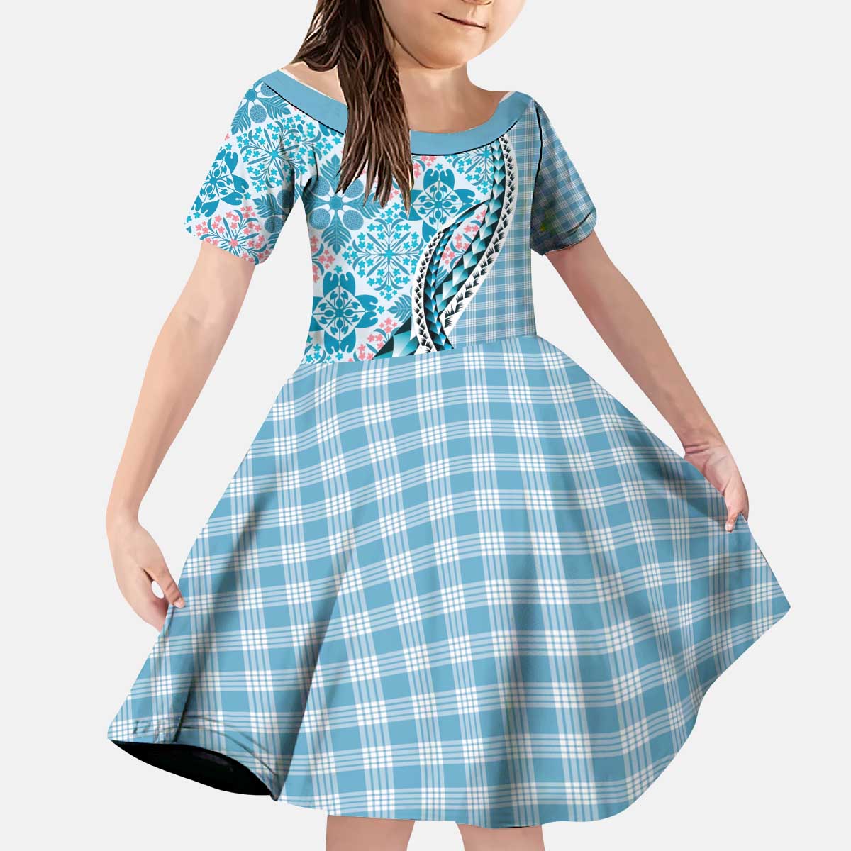 Aloha Vintage Palaka Floral Hawaiian Quilt Kid Short Sleeve Dress Uliuli Motif - Polynesian Pride