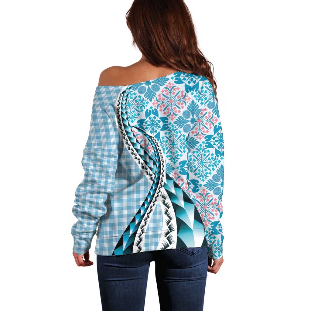 Aloha Vintage Palaka Floral Hawaiian Quilt Off Shoulder Sweater Uliuli Motif - Polynesian Pride