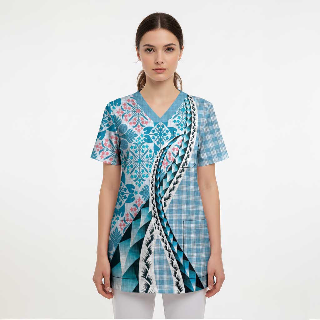 Aloha Vintage Palaka Floral Hawaiian Quilt Scrub Top Uliuli Motif - Polynesian Pride