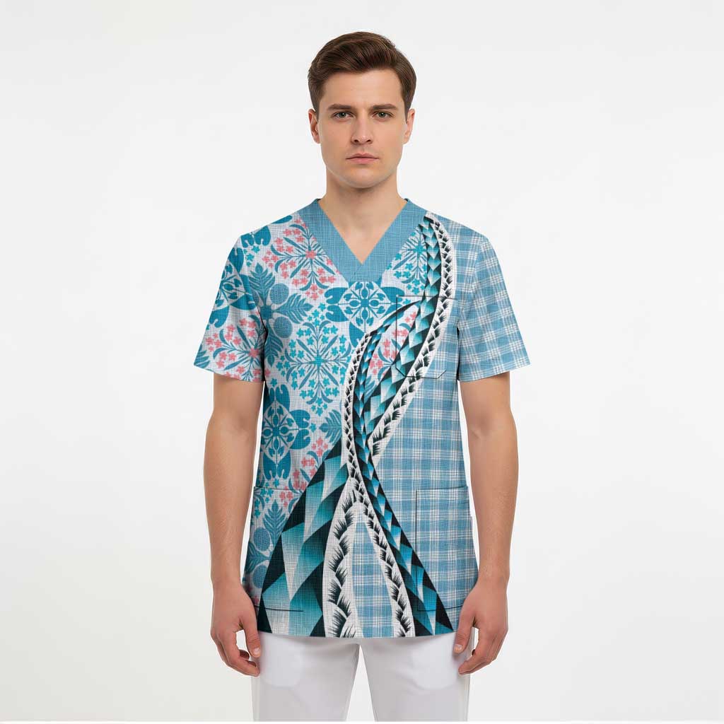 Aloha Vintage Palaka Floral Hawaiian Quilt Scrub Top Uliuli Motif - Polynesian Pride