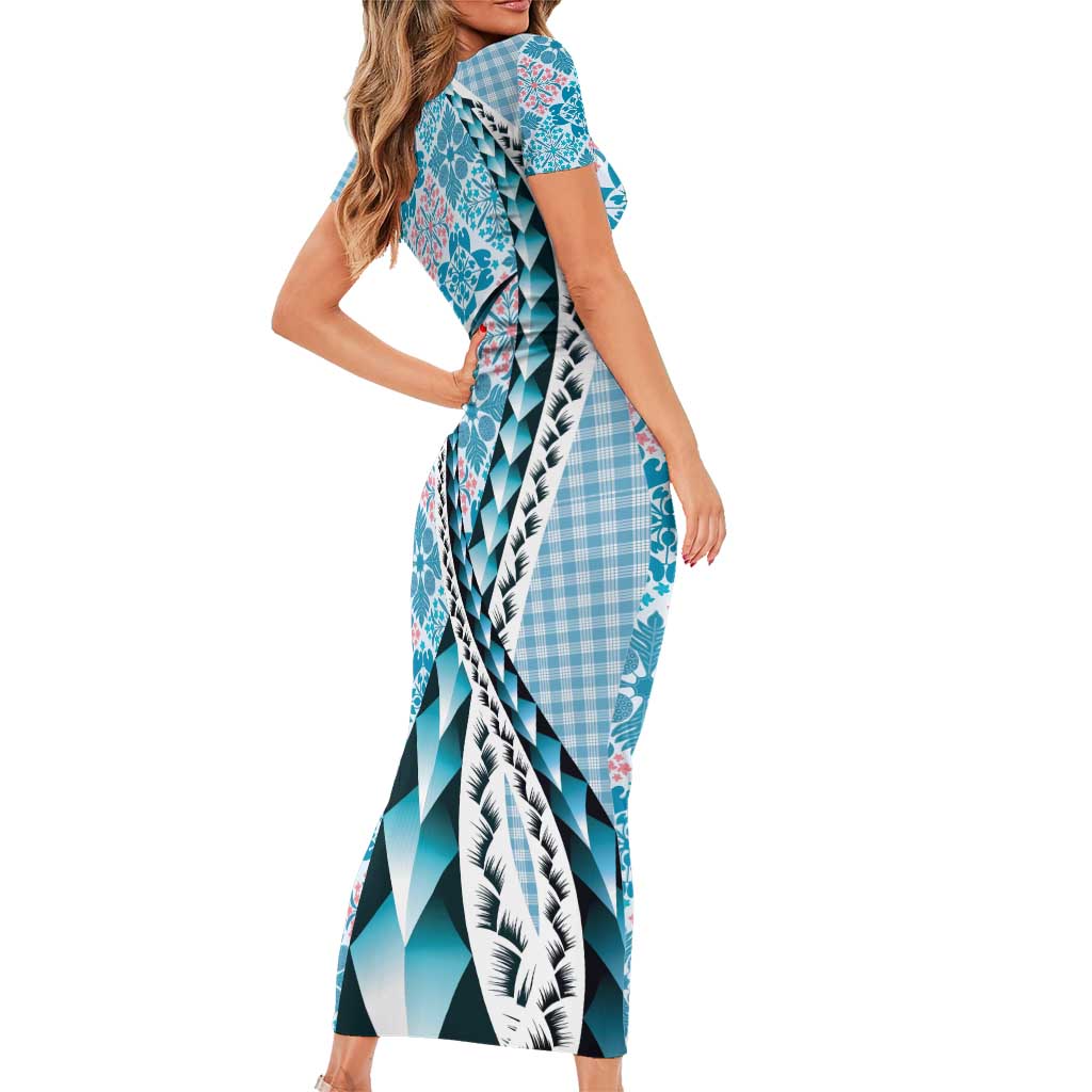 Aloha Vintage Palaka Floral Hawaiian Quilt Short Sleeve Bodycon Dress Uliuli Motif - Polynesian Pride