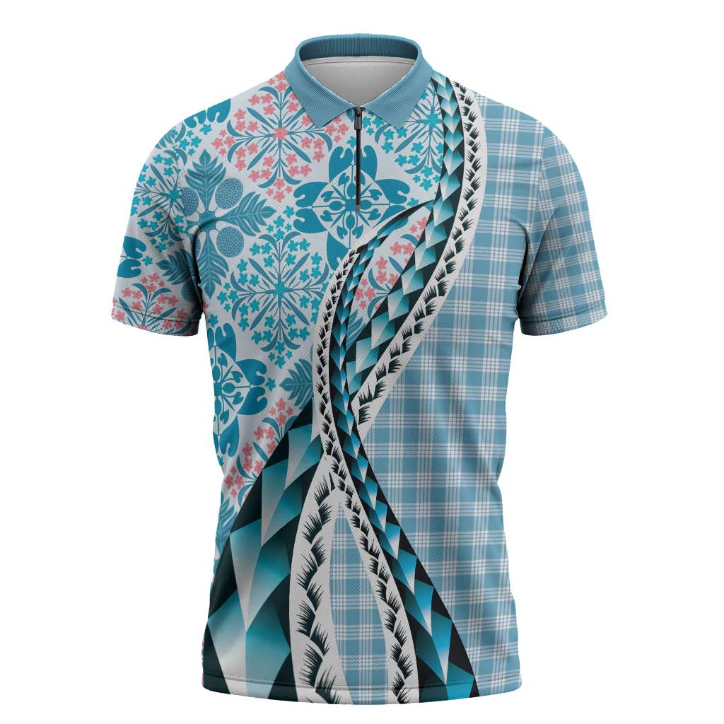 Aloha Vintage Palaka Floral Hawaiian Quilt Zipper Polo Shirt Uliuli Motif - Polynesian Pride