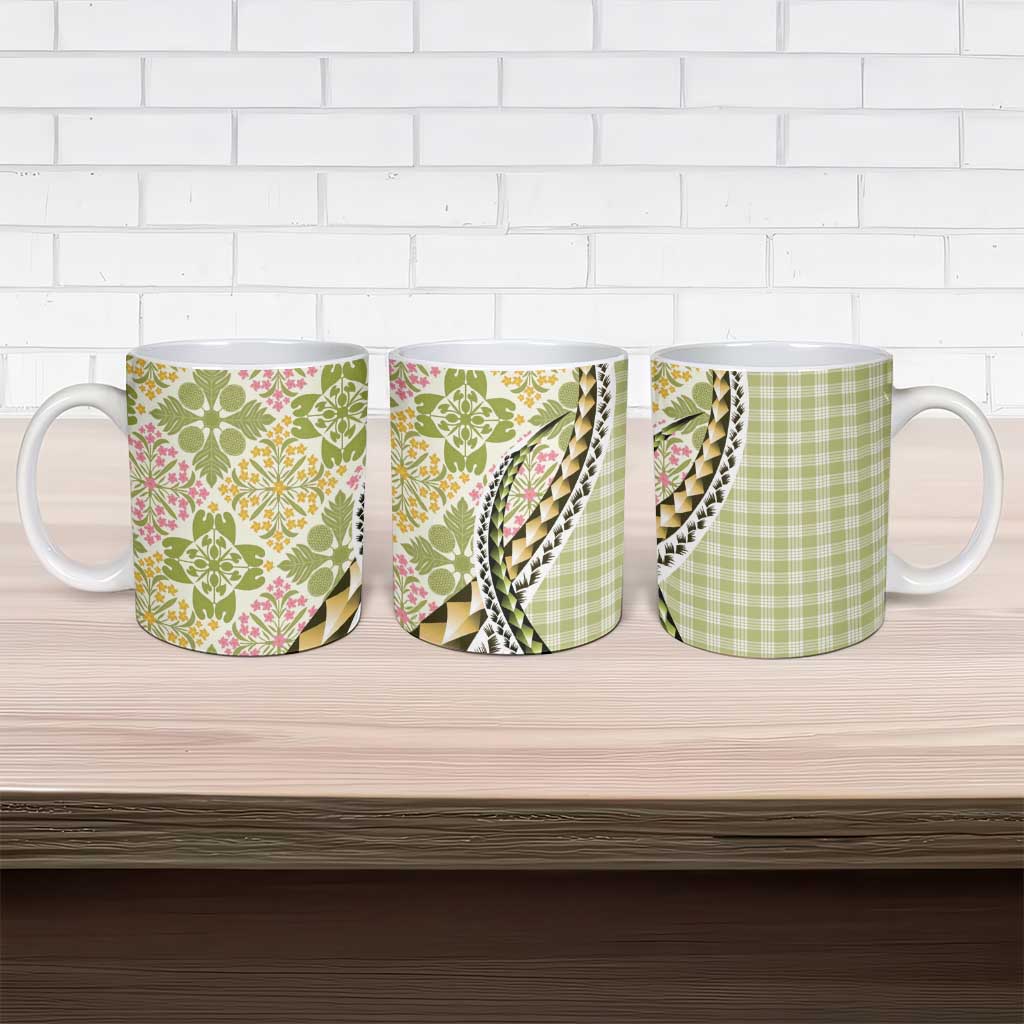 Aloha Vintage Palaka Floral Hawaiian Quilt Ceramic Mug Omaomao Motif - Polynesian Pride