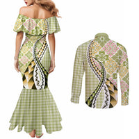 Aloha Vintage Palaka Floral Hawaiian Quilt Couples Matching Mermaid Dress and Long Sleeve Button Shirt Omaomao Motif - Polynesian Pride
