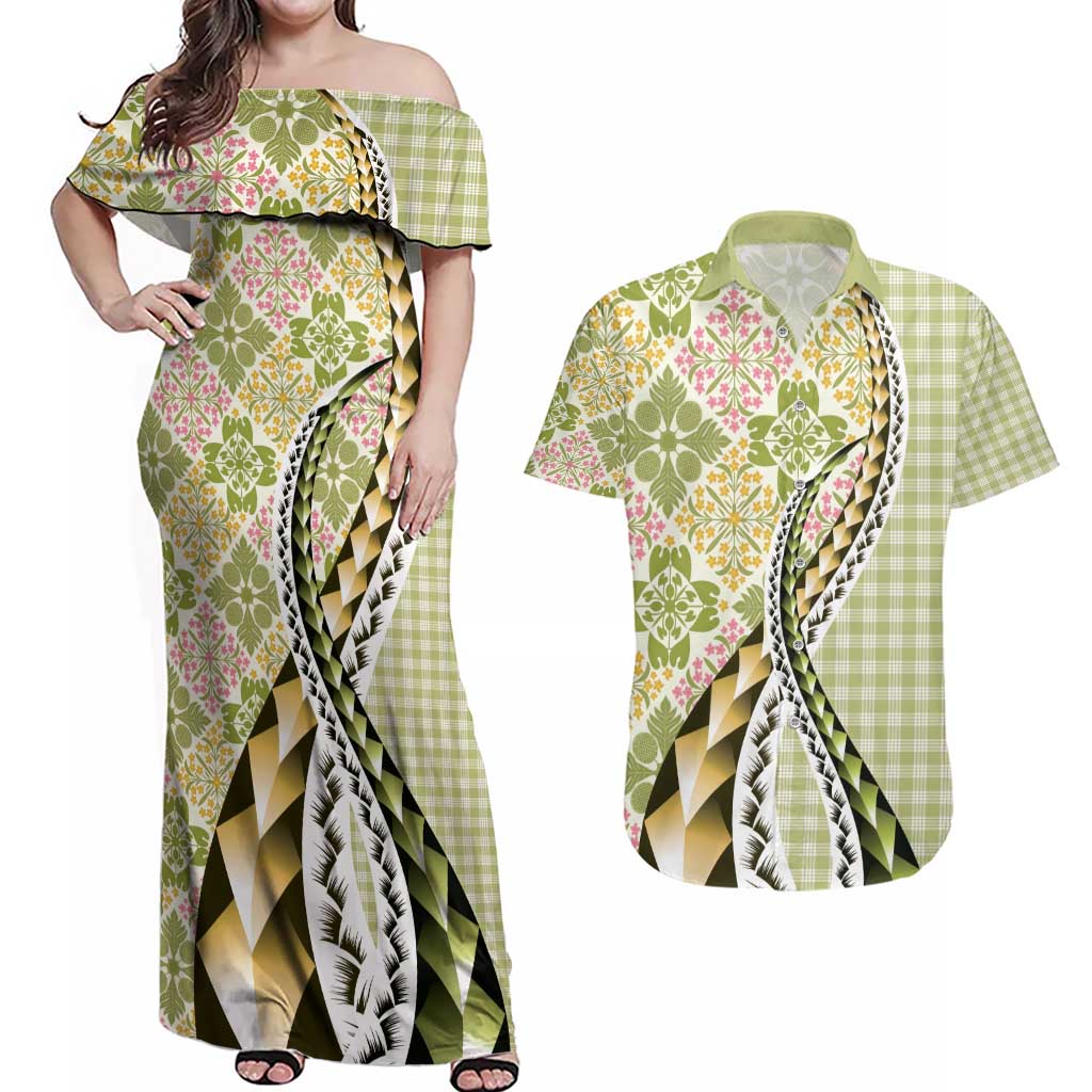 Aloha Vintage Palaka Floral Hawaiian Quilt Couples Matching Off Shoulder Maxi Dress and Hawaiian Shirt Omaomao Motif - Polynesian Pride