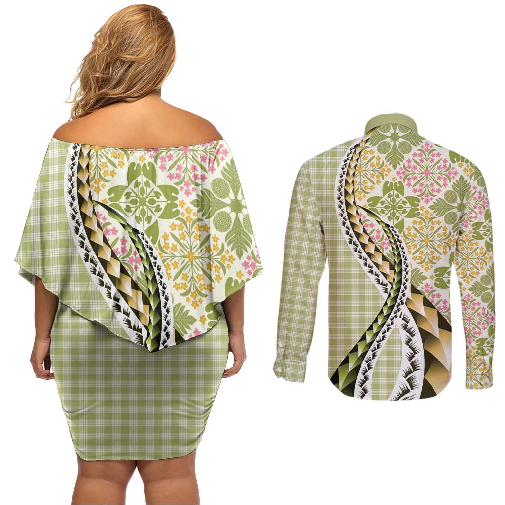 Aloha Vintage Palaka Floral Hawaiian Quilt Couples Matching Off Shoulder Short Dress and Long Sleeve Button Shirt Omaomao Motif - Polynesian Pride