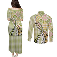 Aloha Vintage Palaka Floral Hawaiian Quilt Couples Matching Puletasi and Long Sleeve Button Shirt Omaomao Motif - Polynesian Pride