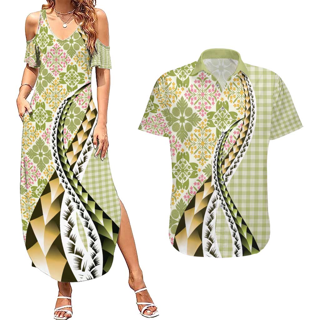 Aloha Vintage Palaka Floral Hawaiian Quilt Couples Matching Summer Maxi Dress and Hawaiian Shirt Omaomao Motif - Polynesian Pride