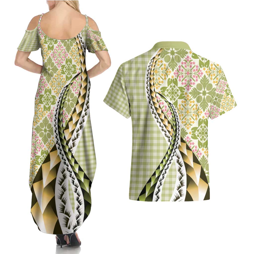 Aloha Vintage Palaka Floral Hawaiian Quilt Couples Matching Summer Maxi Dress and Hawaiian Shirt Omaomao Motif - Polynesian Pride