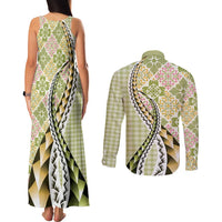 Aloha Vintage Palaka Floral Hawaiian Quilt Couples Matching Tank Maxi Dress and Long Sleeve Button Shirt Omaomao Motif - Polynesian Pride