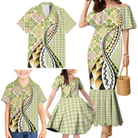 Aloha Vintage Palaka Floral Hawaiian Quilt Family Matching Mermaid Dress and Hawaiian Shirt Omaomao Motif - Polynesian Pride