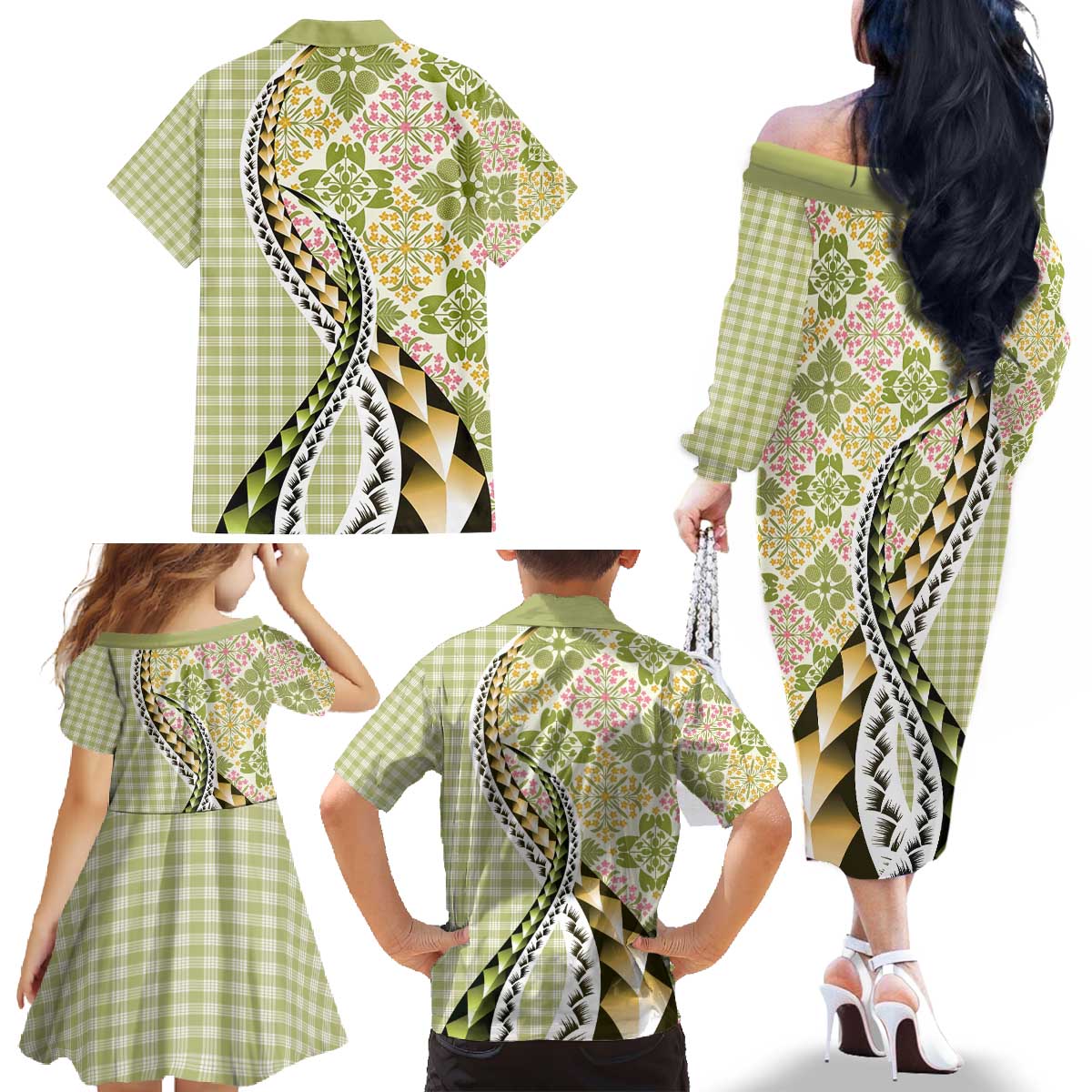 Aloha Vintage Palaka Floral Hawaiian Quilt Family Matching Off The Shoulder Long Sleeve Dress and Hawaiian Shirt Omaomao Motif - Polynesian Pride
