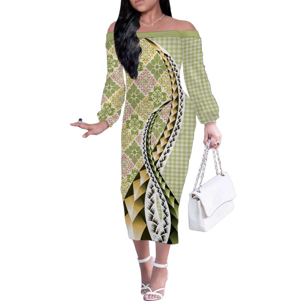 Aloha Vintage Palaka Floral Hawaiian Quilt Family Matching Off The Shoulder Long Sleeve Dress and Hawaiian Shirt Omaomao Motif - Polynesian Pride