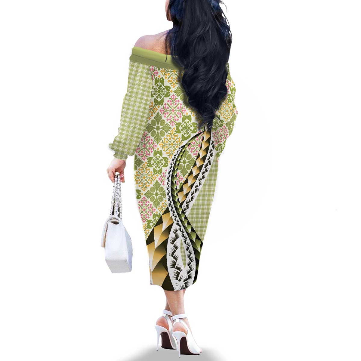 Aloha Vintage Palaka Floral Hawaiian Quilt Family Matching Off The Shoulder Long Sleeve Dress and Hawaiian Shirt Omaomao Motif - Polynesian Pride