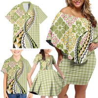 Aloha Vintage Palaka Floral Hawaiian Quilt Family Matching Off Shoulder Short Dress and Hawaiian Shirt Omaomao Motif - Polynesian Pride