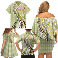 Aloha Vintage Palaka Floral Hawaiian Quilt Family Matching Off Shoulder Short Dress and Hawaiian Shirt Omaomao Motif - Polynesian Pride