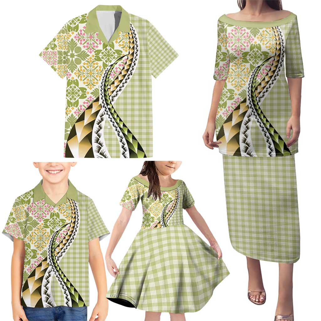 Aloha Vintage Palaka Floral Hawaiian Quilt Family Matching Puletasi and Hawaiian Shirt Omaomao Motif - Polynesian Pride