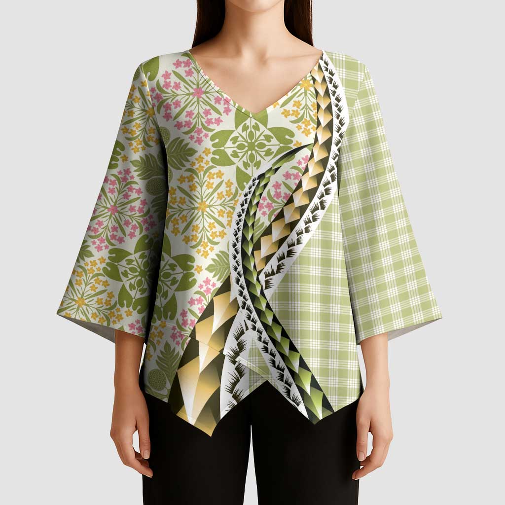 Aloha Vintage Palaka Floral Hawaiian Quilt Kimono Sleeve Blouse Omaomao Motif - Polynesian Pride