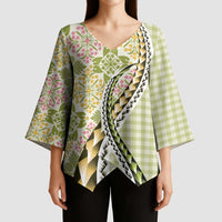 Aloha Vintage Palaka Floral Hawaiian Quilt Kimono Sleeve Blouse Omaomao Motif - Polynesian Pride