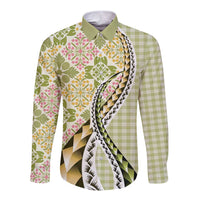Aloha Vintage Palaka Floral Hawaiian Quilt Long Sleeve Button Shirt Omaomao Motif - Polynesian Pride