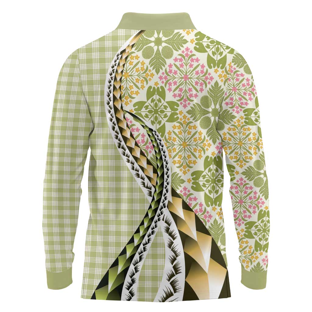 Aloha Vintage Palaka Floral Hawaiian Quilt Long Sleeve Polo Shirt Omaomao Motif - Polynesian Pride