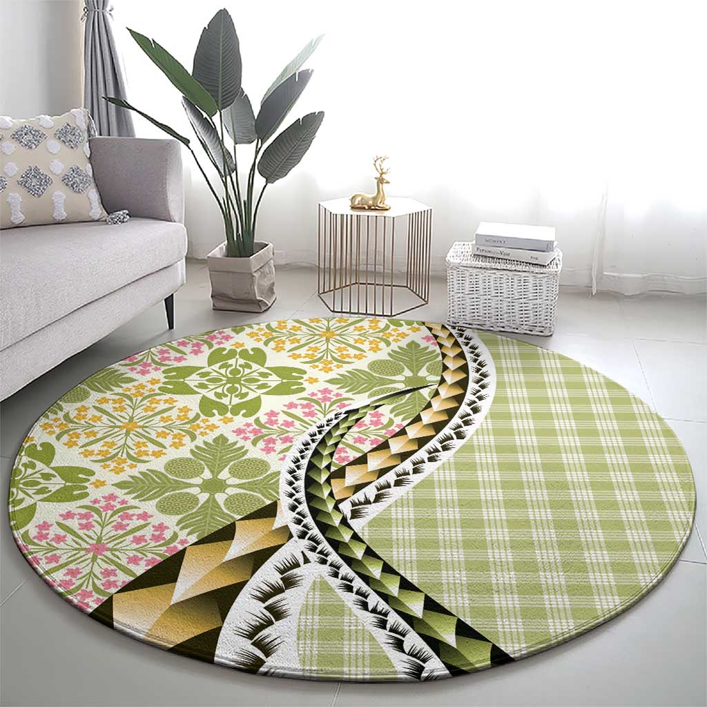 Aloha Vintage Palaka Floral Hawaiian Quilt Round Carpet Omaomao Motif - Polynesian Pride