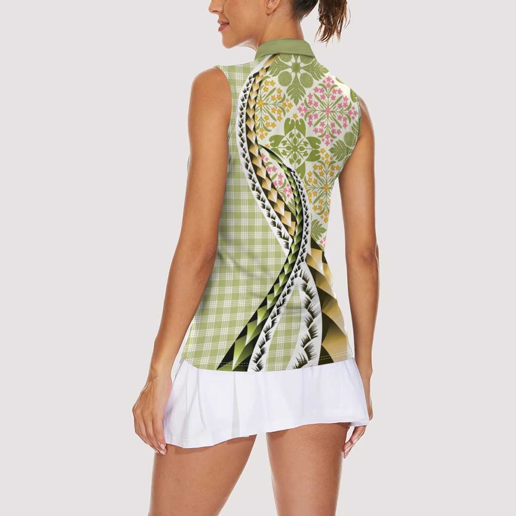Aloha Vintage Palaka Floral Hawaiian Quilt Women Sleeveless Polo Shirt Omaomao Motif - Polynesian Pride