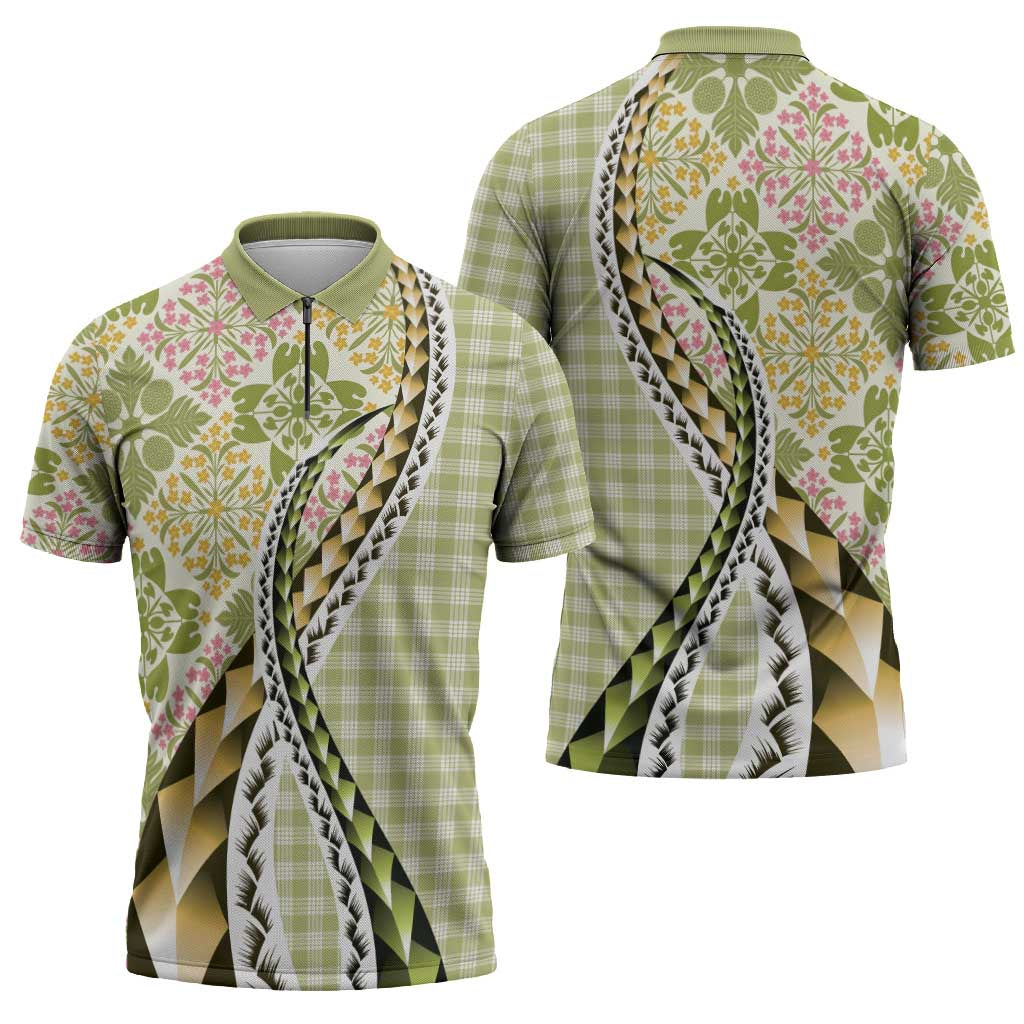 Aloha Vintage Palaka Floral Hawaiian Quilt Zipper Polo Shirt Omaomao Motif - Polynesian Pride