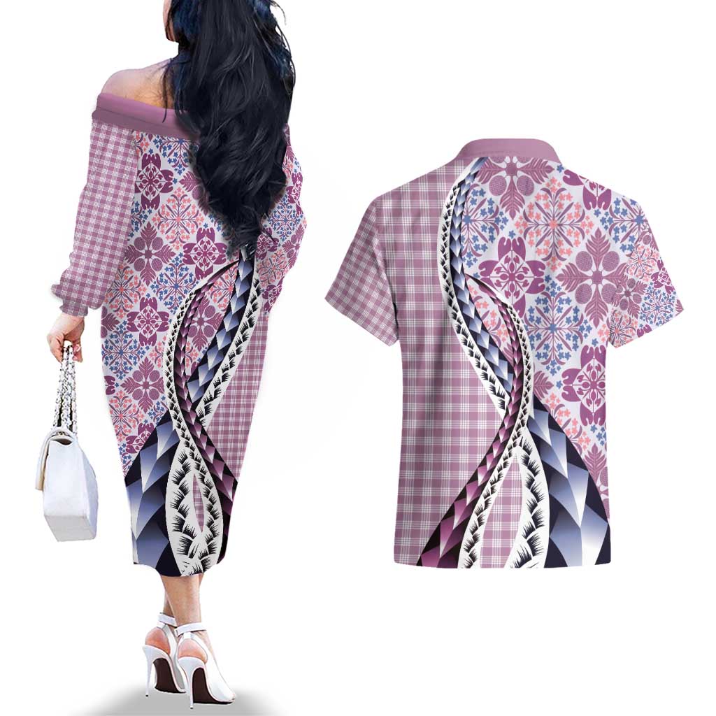 Aloha Vintage Palaka Floral Hawaiian Quilt Couples Matching Off The Shoulder Long Sleeve Dress and Hawaiian Shirt Akala Motif - Polynesian Pride