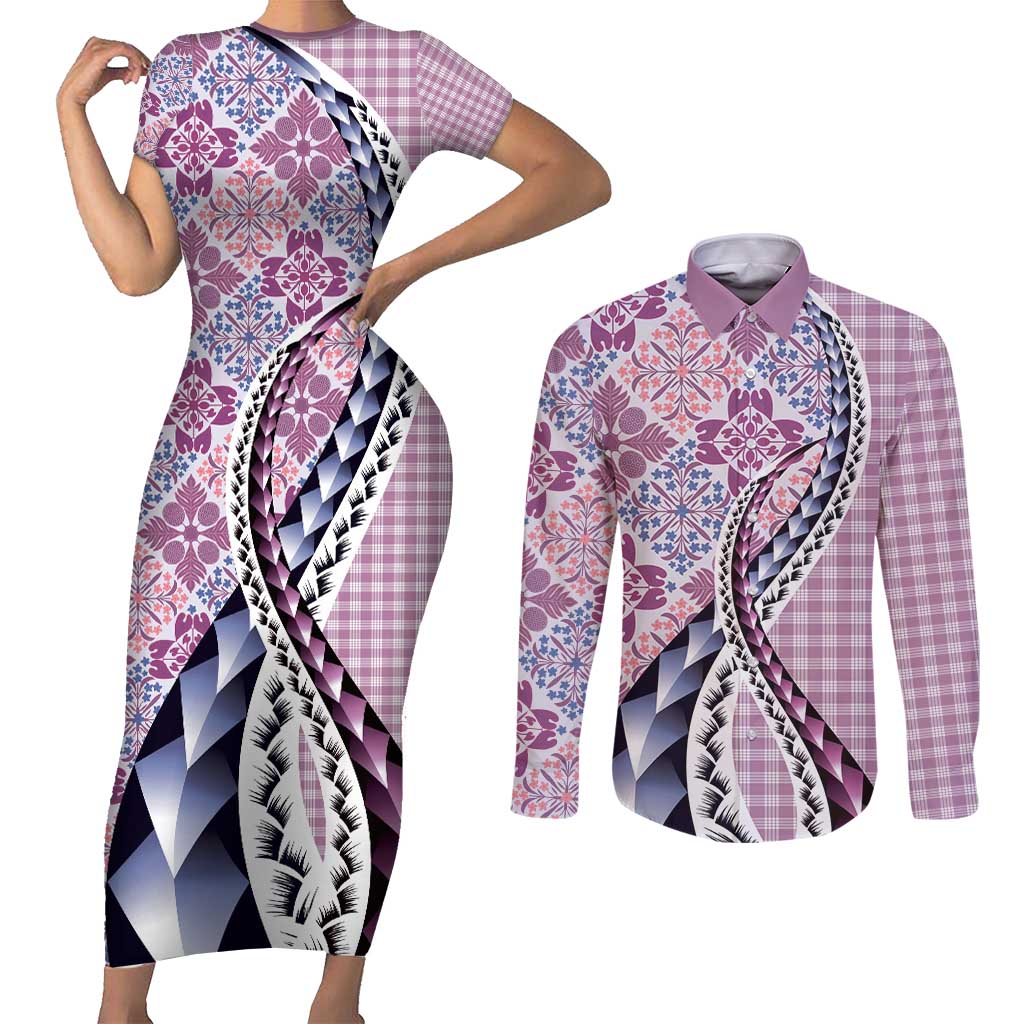 Aloha Vintage Palaka Floral Hawaiian Quilt Couples Matching Short Sleeve Bodycon Dress and Long Sleeve Button Shirt Akala Motif - Polynesian Pride