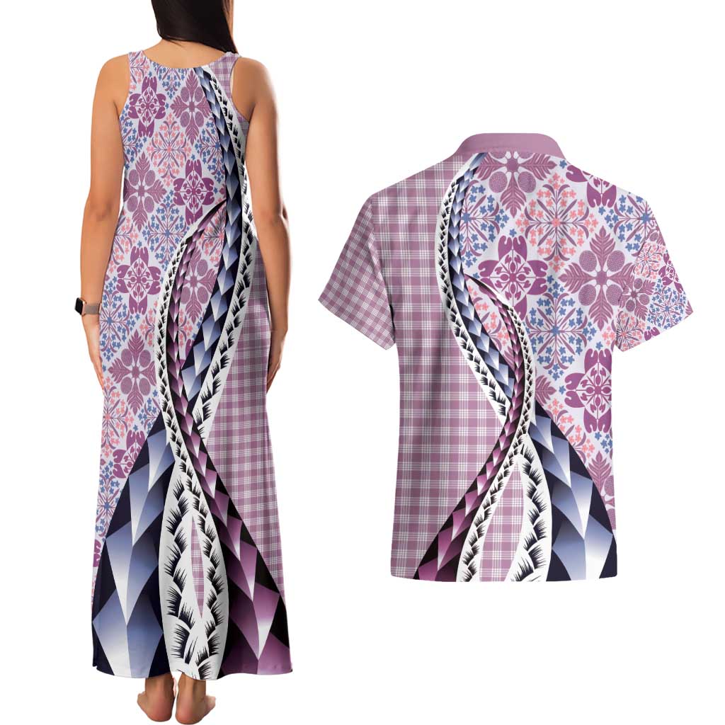 Aloha Vintage Palaka Floral Hawaiian Quilt Couples Matching Tank Maxi Dress and Hawaiian Shirt Akala Motif - Polynesian Pride