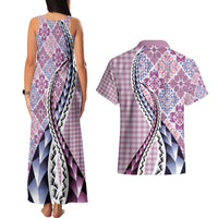 Aloha Vintage Palaka Floral Hawaiian Quilt Couples Matching Tank Maxi Dress and Hawaiian Shirt Akala Motif - Polynesian Pride