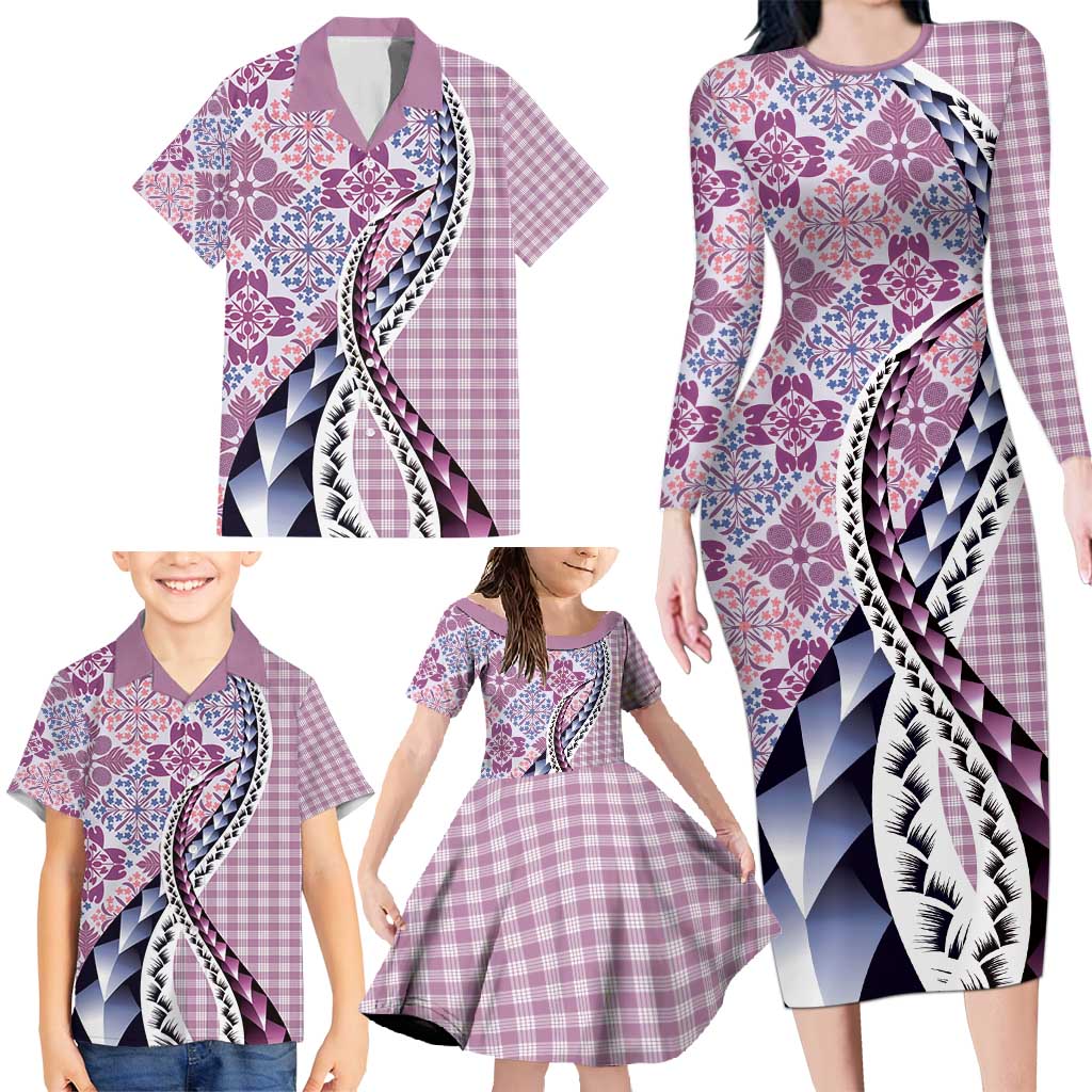 Aloha Vintage Palaka Floral Hawaiian Quilt Family Matching Long Sleeve Bodycon Dress and Hawaiian Shirt Akala Motif - Polynesian Pride