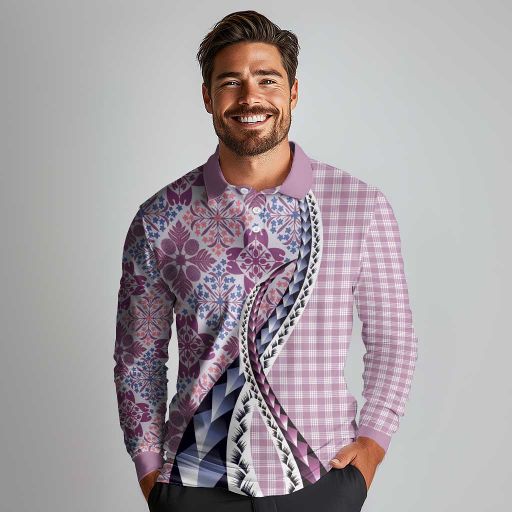 Aloha Vintage Palaka Floral Hawaiian Quilt Long Sleeve Polo Shirt Akala Motif - Polynesian Pride