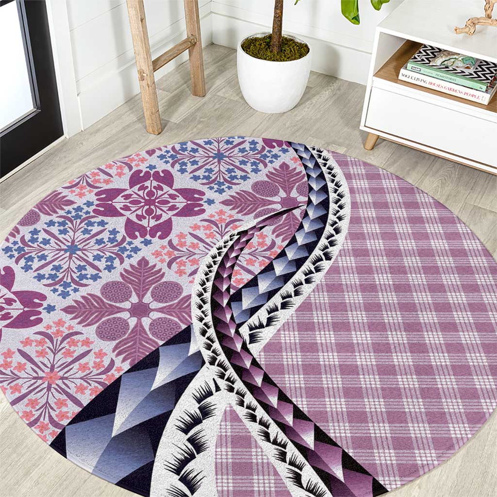 Aloha Vintage Palaka Floral Hawaiian Quilt Round Carpet Akala Motif - Polynesian Pride